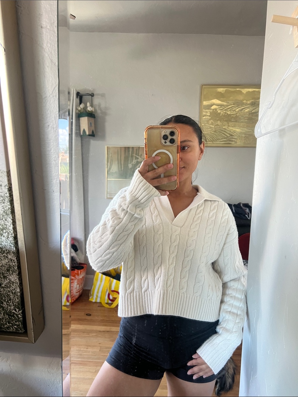 Sunday Best Ivory Cable V‑Neck Collared Sweater crop